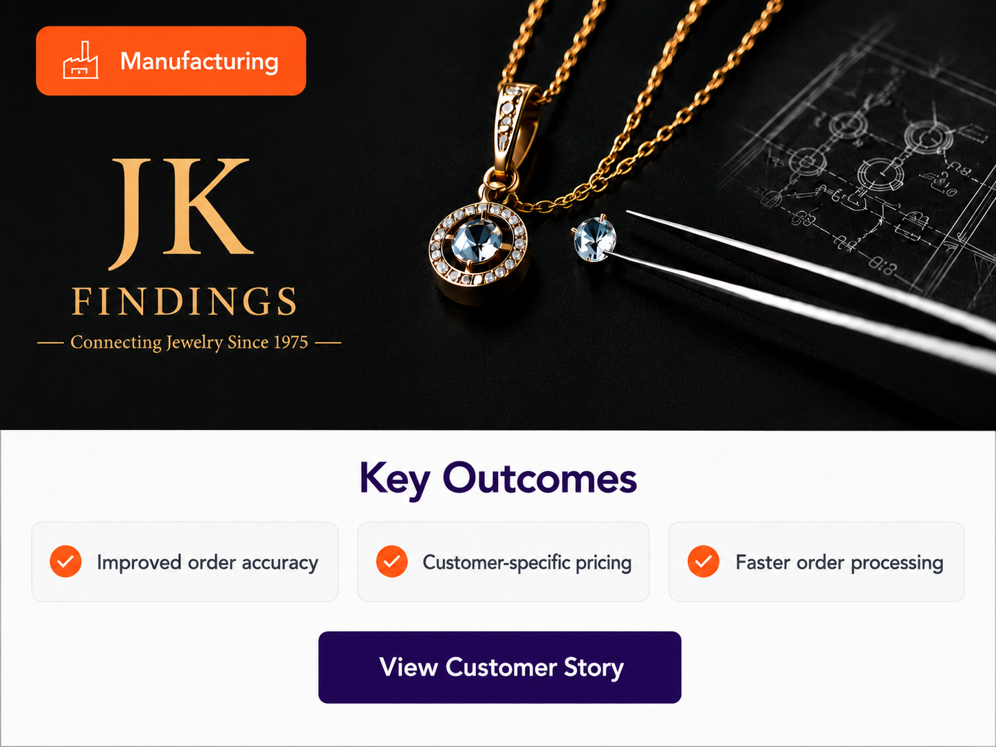 JK Findings case study image showing jewelry manufacturing and B2B eCommerce outcomes